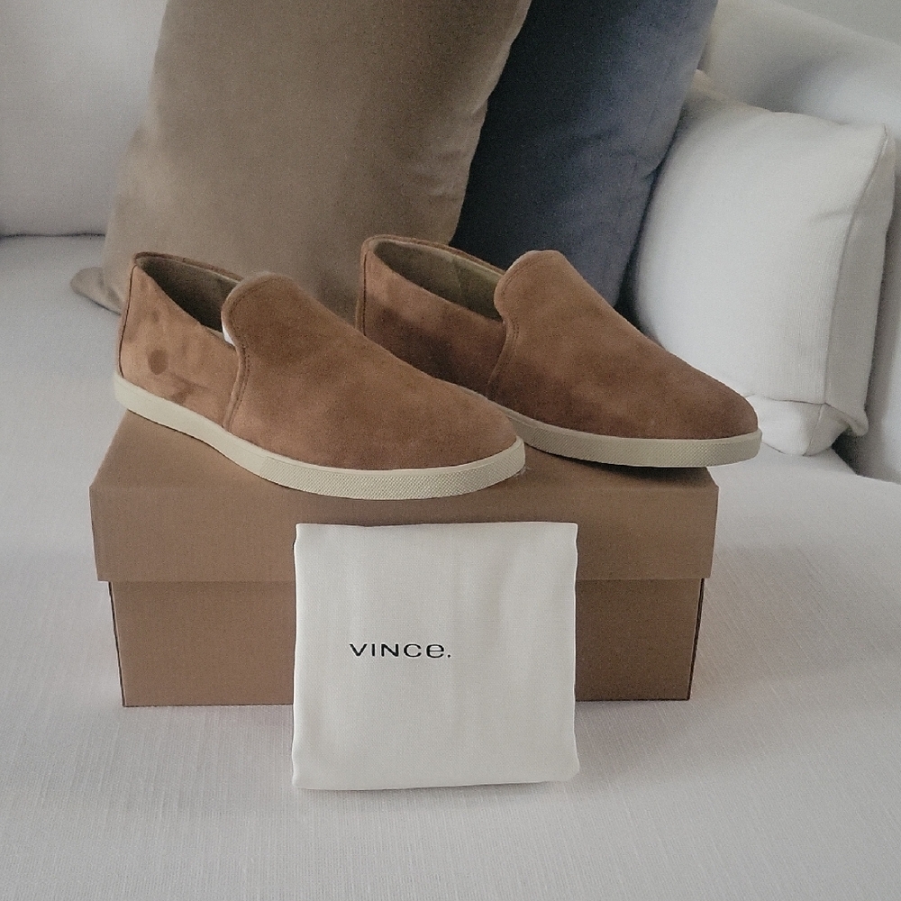 Vince Men's Suede Slip-On Loafers in Brown with Cream Sole